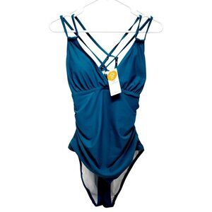Charmo Womens Blue One-Piece Swimsui Crisscross Back UPF 50 Sun Protection SZ M